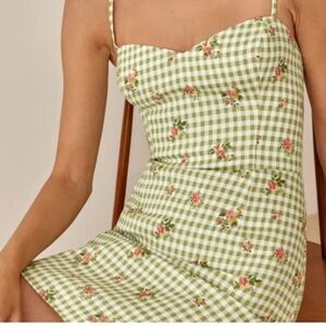 Reformation Linen Roarke Dress in Patio Green Gingham Mini
